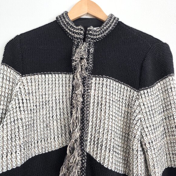 Chico's Black and White Geometric Knit Cardigan Fringe Sweater Jacket - Picture 3 of 12
